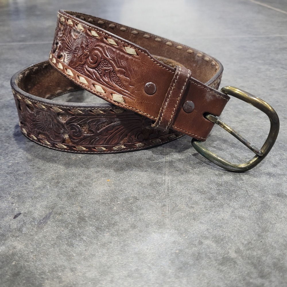 Vintage Tony Lama Belt 38 Brown Leather Tooled Whipstitch Western Cowboy Rodeo